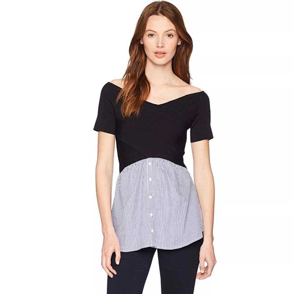 Nicole Miller Newyork Striped Off The Shoulder Rib-Knit Blouse L Woven Tunic Top